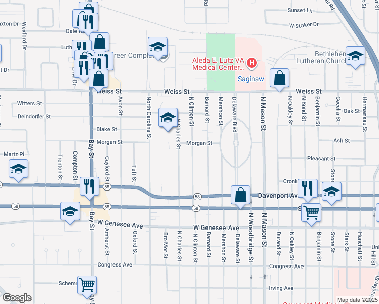 map of restaurants, bars, coffee shops, grocery stores, and more near 2327 North Clinton Street in Saginaw