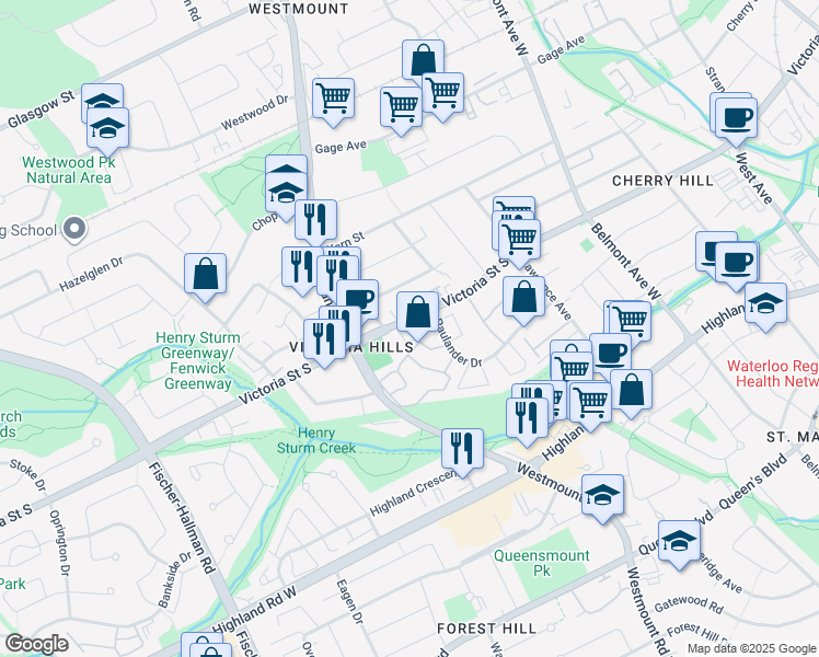 map of restaurants, bars, coffee shops, grocery stores, and more near 643 Victoria Street South in Kitchener