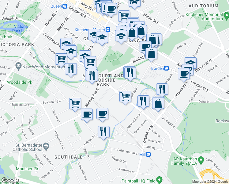 map of restaurants, bars, coffee shops, grocery stores, and more near 291 Courtland Avenue East in Kitchener