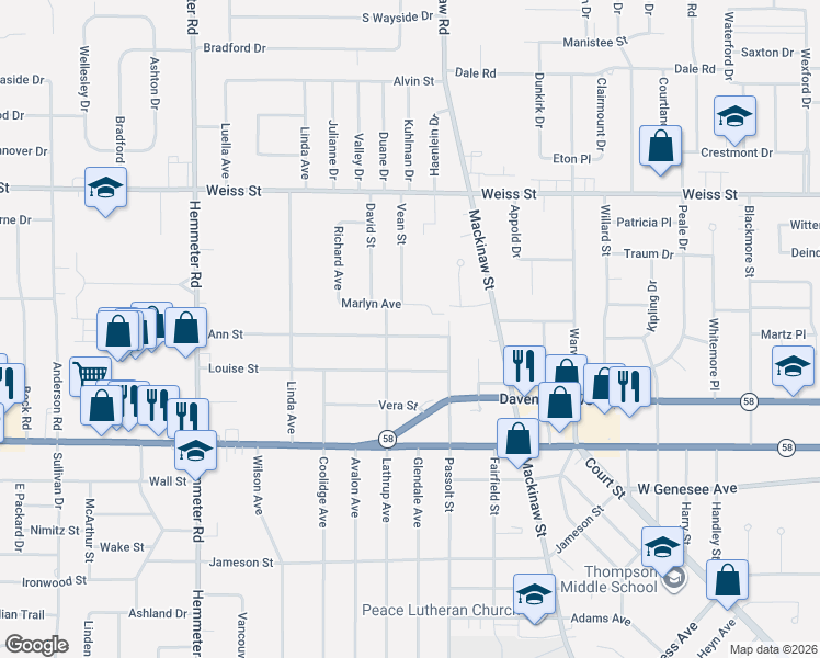 map of restaurants, bars, coffee shops, grocery stores, and more near 4096 Ann Street in Saginaw