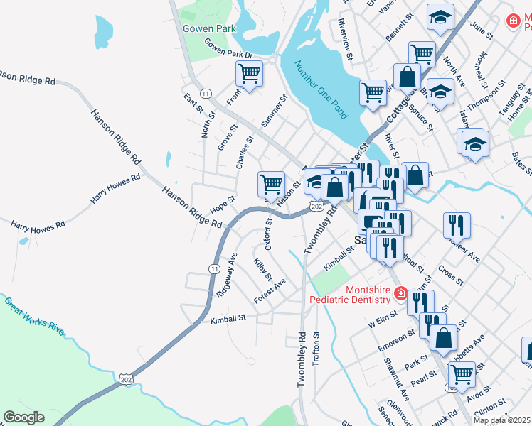 map of restaurants, bars, coffee shops, grocery stores, and more near 52 Lebanon Street in Sanford