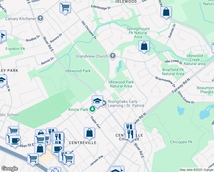 map of restaurants, bars, coffee shops, grocery stores, and more near 66 Bancroft Street in Kitchener