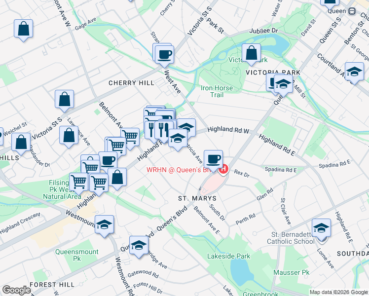 map of restaurants, bars, coffee shops, grocery stores, and more near 80 Patricia Avenue in Kitchener