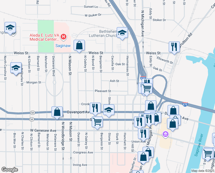 map of restaurants, bars, coffee shops, grocery stores, and more near 2413 Stone Street in Saginaw