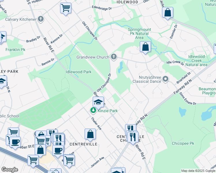 map of restaurants, bars, coffee shops, grocery stores, and more near 66 Bancroft Street in Kitchener