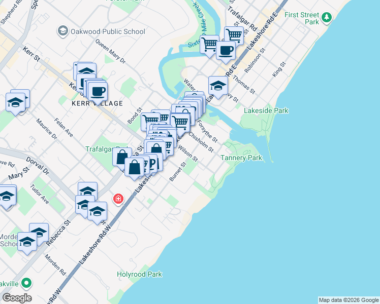 map of restaurants, bars, coffee shops, grocery stores, and more near 49 Burnet Street in Oakville
