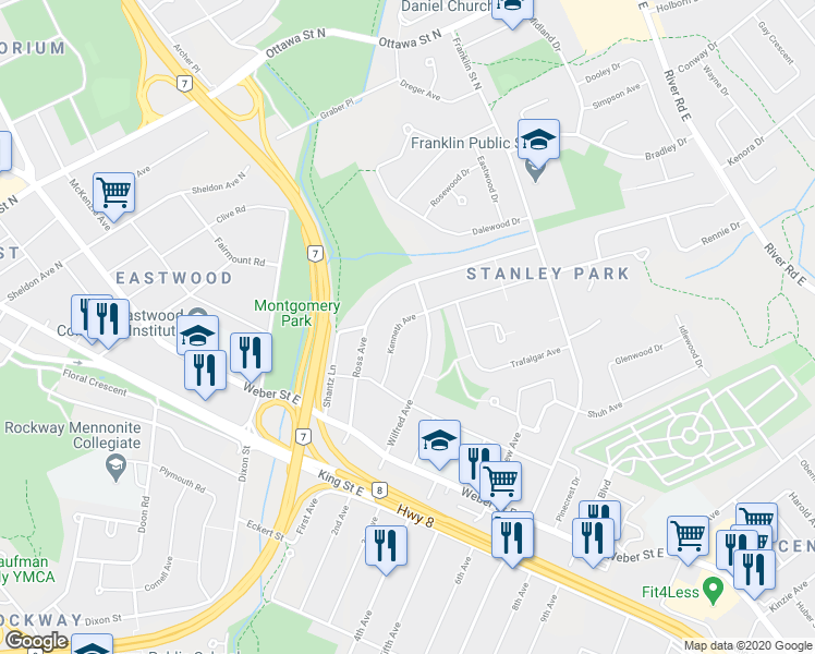 map of restaurants, bars, coffee shops, grocery stores, and more near 65 Kenneth Avenue in Kitchener