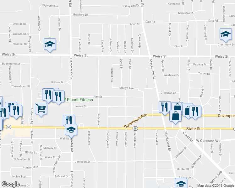 map of restaurants, bars, coffee shops, grocery stores, and more near 4180 Ann Street in Saginaw