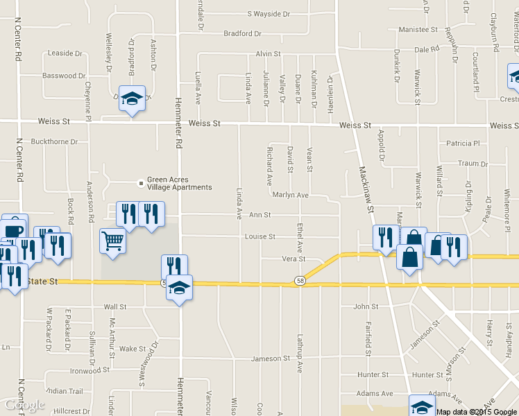 map of restaurants, bars, coffee shops, grocery stores, and more near 4250 Ann Street in Saginaw Charter Township