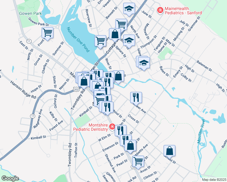 map of restaurants, bars, coffee shops, grocery stores, and more near 9 Pioneer Avenue in Sanford