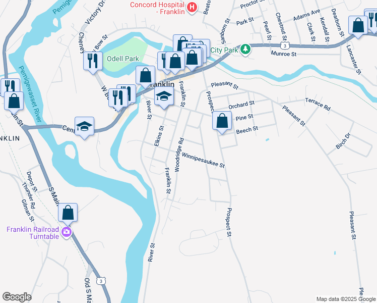 map of restaurants, bars, coffee shops, grocery stores, and more near 12 Russell Street in Franklin