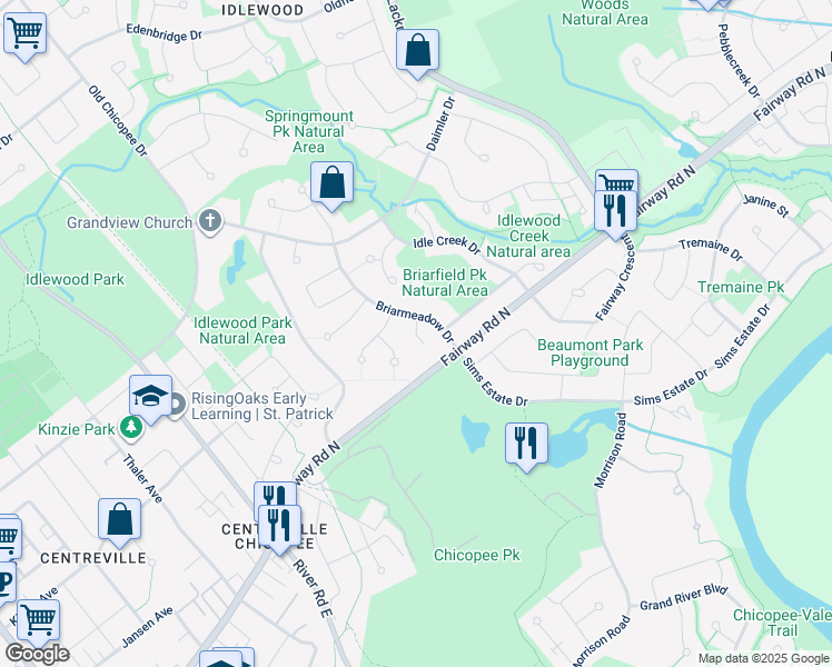 map of restaurants, bars, coffee shops, grocery stores, and more near 305 Briarmeadow Drive in Kitchener