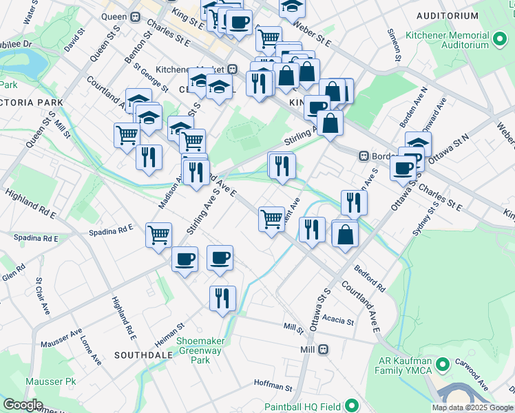map of restaurants, bars, coffee shops, grocery stores, and more near 291 Courtland Avenue East in Kitchener