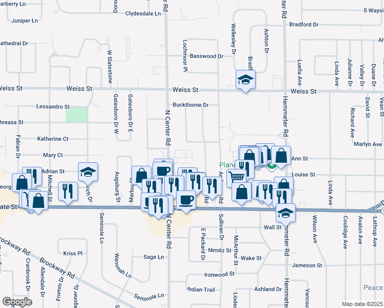 map of restaurants, bars, coffee shops, grocery stores, and more near 4889 Fontaine Boulevard in Saginaw