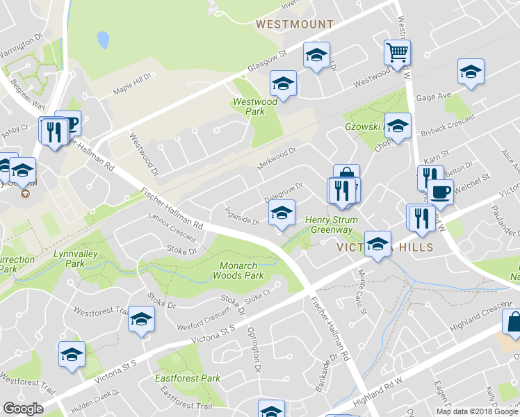 map of restaurants, bars, coffee shops, grocery stores, and more near 109 Dalegrove Drive in Kitchener