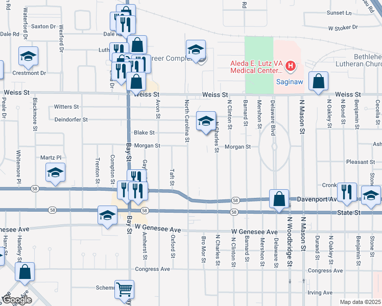 map of restaurants, bars, coffee shops, grocery stores, and more near 2282 North Carolina Street in Saginaw