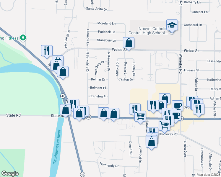 map of restaurants, bars, coffee shops, grocery stores, and more near 6299 Belmont Place in Saginaw