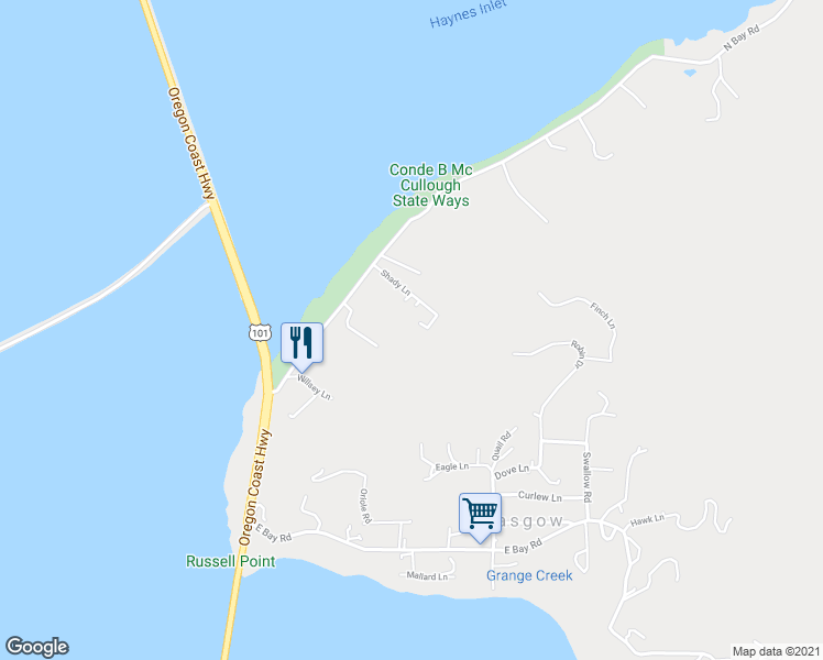 map of restaurants, bars, coffee shops, grocery stores, and more near 93577 Shady Lane in North Bend