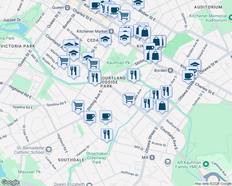 map of restaurants, bars, coffee shops, grocery stores, and more near 287 Courtland Avenue East in Kitchener