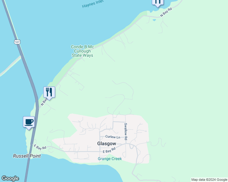 map of restaurants, bars, coffee shops, grocery stores, and more near 66821 Robin Road in North Bend