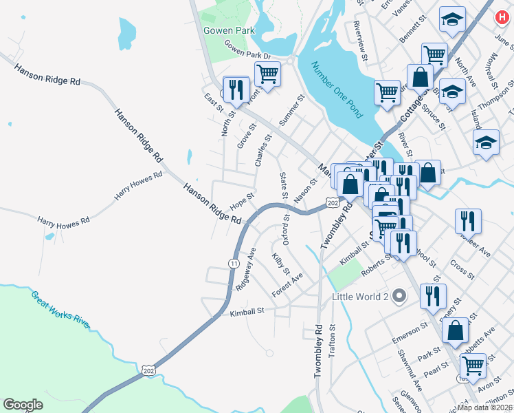 map of restaurants, bars, coffee shops, grocery stores, and more near 61 Lebanon Street in Sanford