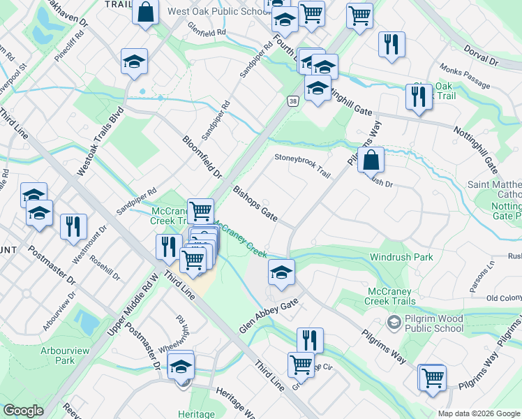 map of restaurants, bars, coffee shops, grocery stores, and more near 1450 Bishops Gate in Oakville