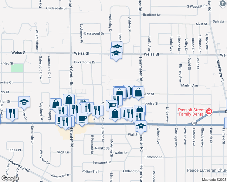 map of restaurants, bars, coffee shops, grocery stores, and more near 4690 Hemmeter Court in Saginaw