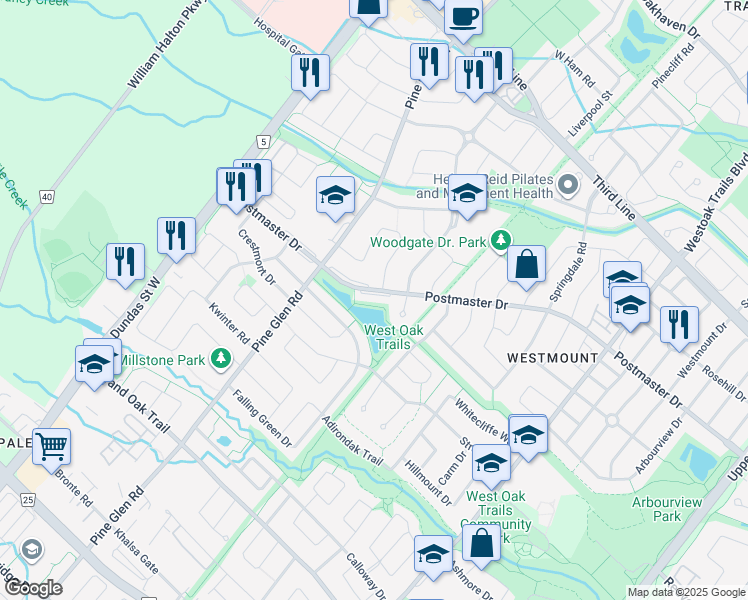 map of restaurants, bars, coffee shops, grocery stores, and more near 2390 Postmaster Drive in Oakville