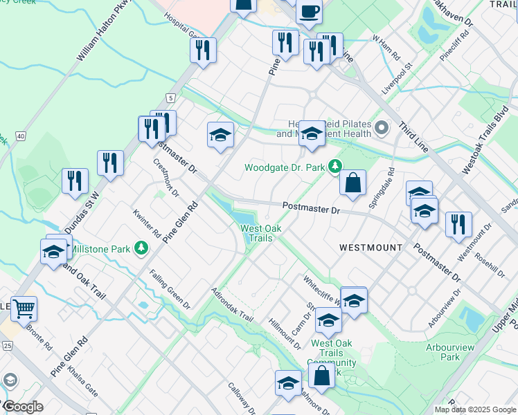 map of restaurants, bars, coffee shops, grocery stores, and more near 2374 Postmaster Drive in Oakville