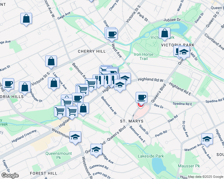 map of restaurants, bars, coffee shops, grocery stores, and more near 229 North Drive in Kitchener