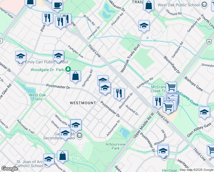 map of restaurants, bars, coffee shops, grocery stores, and more near 2281 Pell Crescent in Oakville
