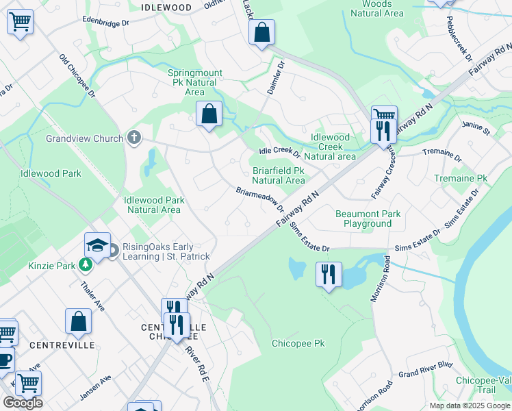map of restaurants, bars, coffee shops, grocery stores, and more near 305 Briarmeadow Drive in Kitchener