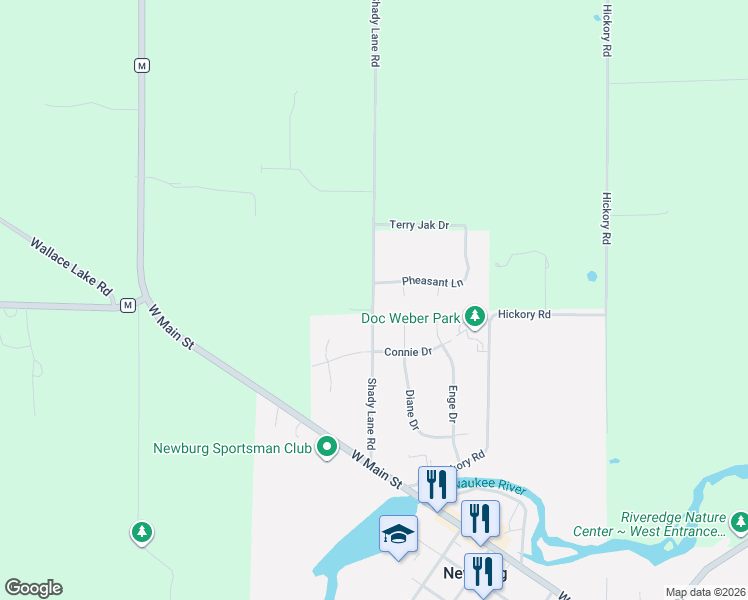 map of restaurants, bars, coffee shops, grocery stores, and more near 6907 Shady Lane Road in West Bend