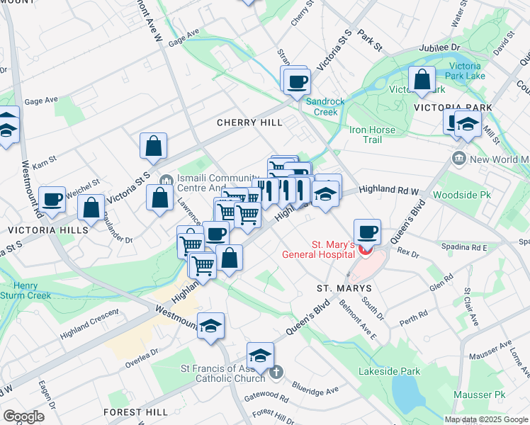 map of restaurants, bars, coffee shops, grocery stores, and more near 164 Belmont Avenue West in Kitchener
