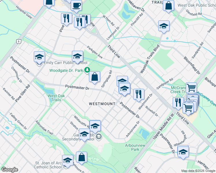 map of restaurants, bars, coffee shops, grocery stores, and more near 2107 Glenhampton Road in Oakville