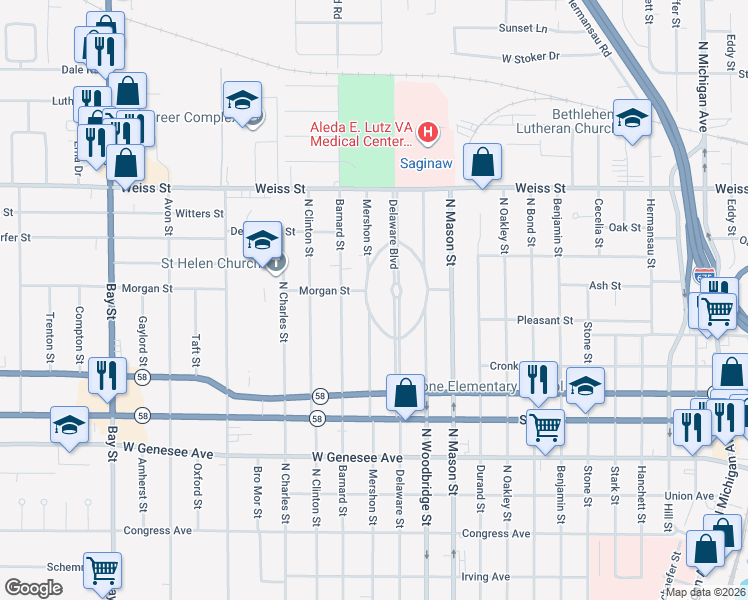 map of restaurants, bars, coffee shops, grocery stores, and more near 2316 Mershon Street in Saginaw