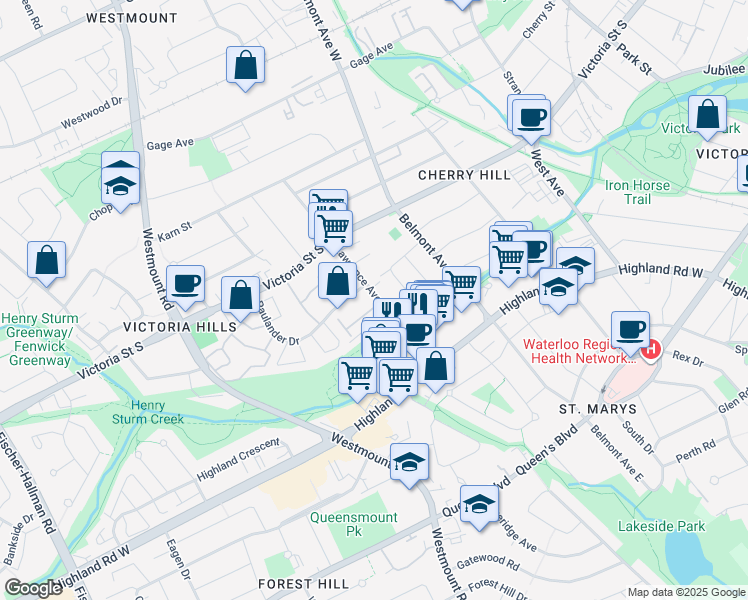 map of restaurants, bars, coffee shops, grocery stores, and more near 1 Lawrence Avenue in Kitchener