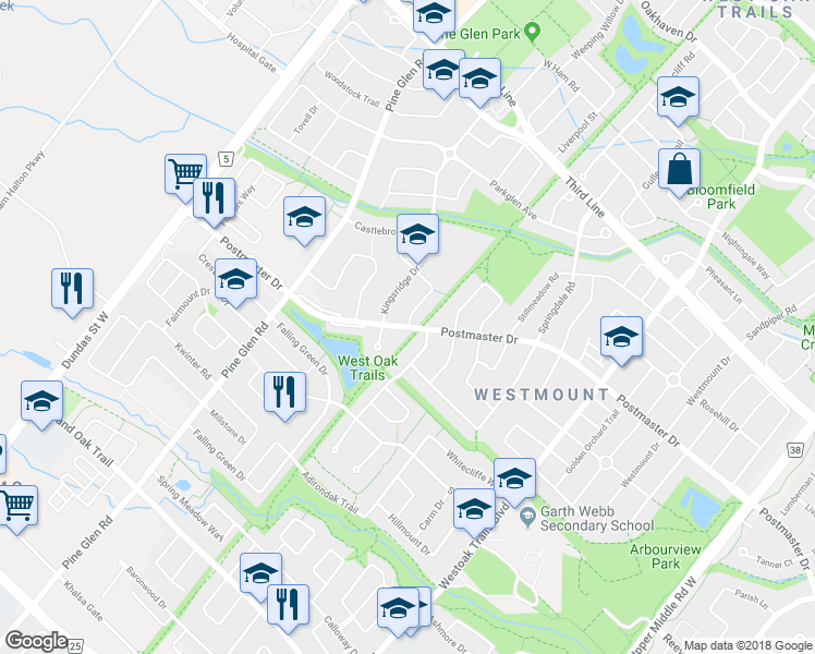 map of restaurants, bars, coffee shops, grocery stores, and more near 2338 Postmaster Dr in Oakville