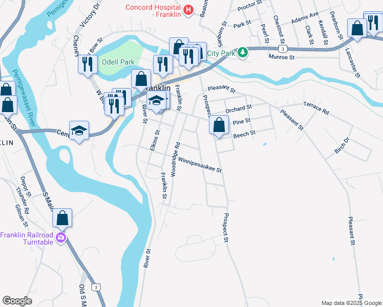 map of restaurants, bars, coffee shops, grocery stores, and more near 12 Russell Street in Franklin