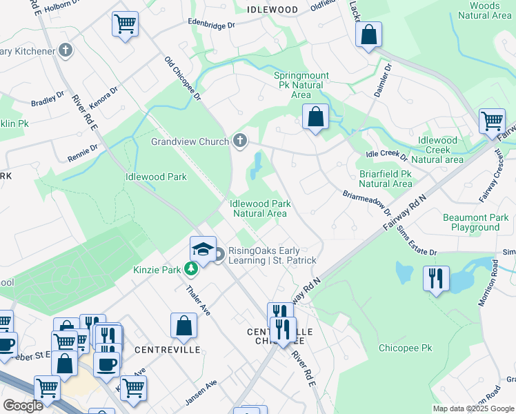 map of restaurants, bars, coffee shops, grocery stores, and more near in Kitchener
