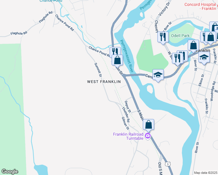 map of restaurants, bars, coffee shops, grocery stores, and more near 91 Summit Street in Franklin