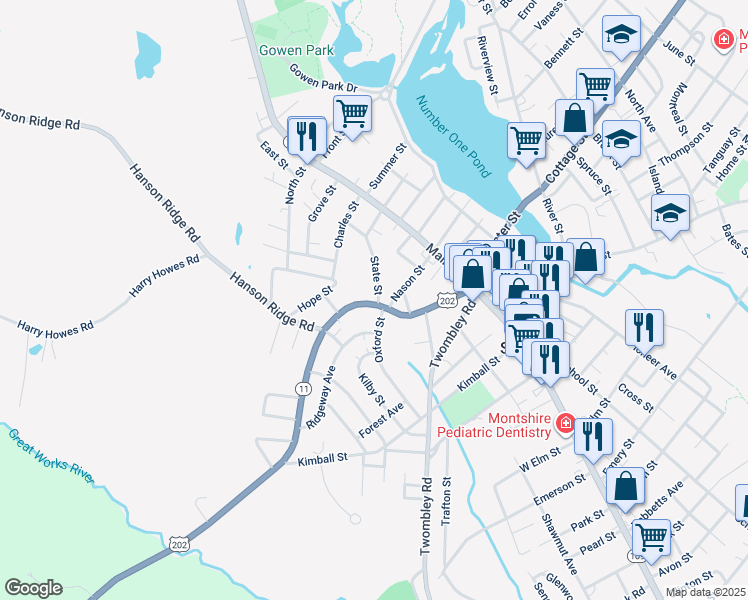 map of restaurants, bars, coffee shops, grocery stores, and more near 52 Lebanon Street in Sanford