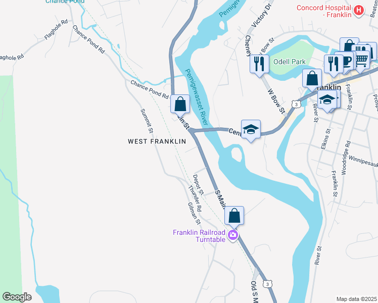 map of restaurants, bars, coffee shops, grocery stores, and more near Northern Rail Trail in Franklin