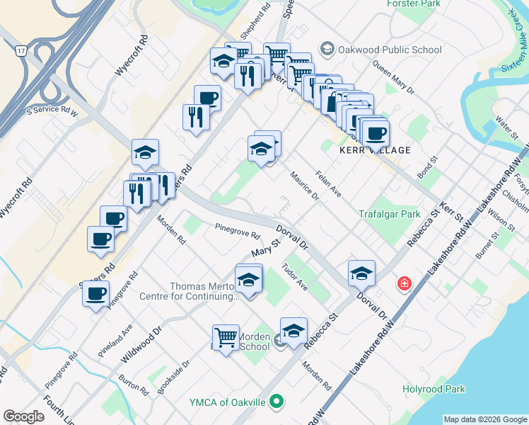 map of restaurants, bars, coffee shops, grocery stores, and more near 299 Margaret Drive in Oakville