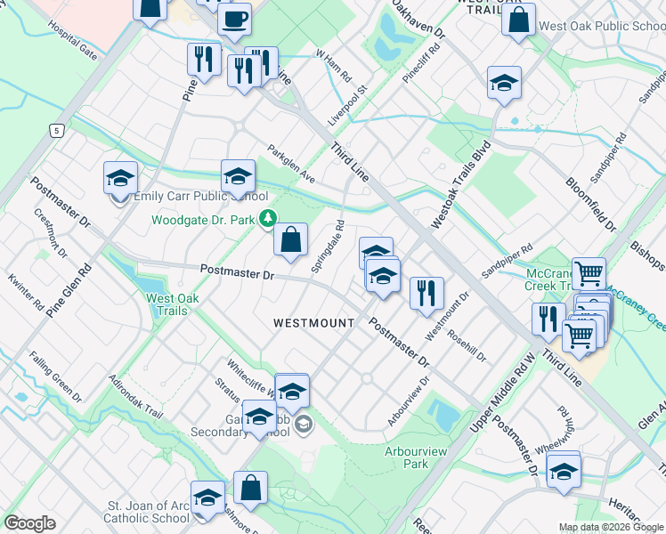 map of restaurants, bars, coffee shops, grocery stores, and more near 2091 Glenhampton Road in Oakville