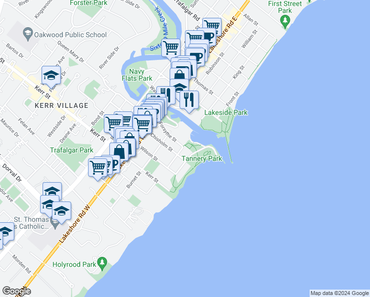 map of restaurants, bars, coffee shops, grocery stores, and more near 10 Anderson Street in Oakville