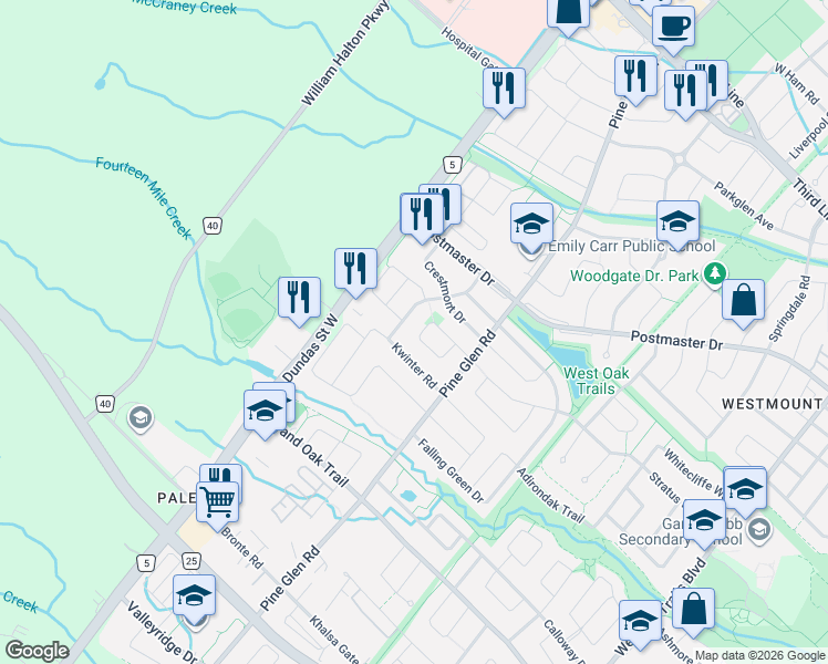 map of restaurants, bars, coffee shops, grocery stores, and more near 2277 Blue Oak Circle in Oakville