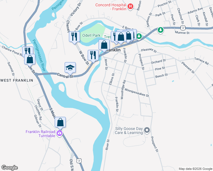 map of restaurants, bars, coffee shops, grocery stores, and more near 142 Winnipesaukee Street in Franklin