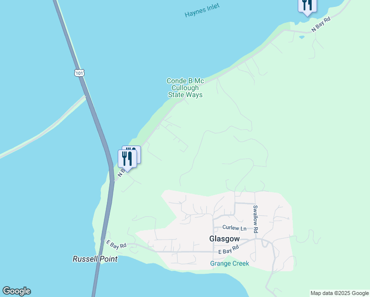 map of restaurants, bars, coffee shops, grocery stores, and more near 93577 Shady Lane in North Bend