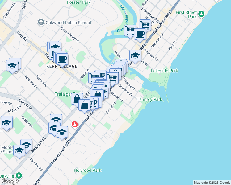 map of restaurants, bars, coffee shops, grocery stores, and more near 49 Burnet Street in Oakville